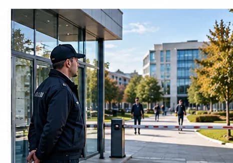 Üniversite yerleşkesi girişinde güvenlik görevlisi